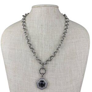 KS Womens Silver Tone Chain Statement Necklace With Black Octagon Pendant